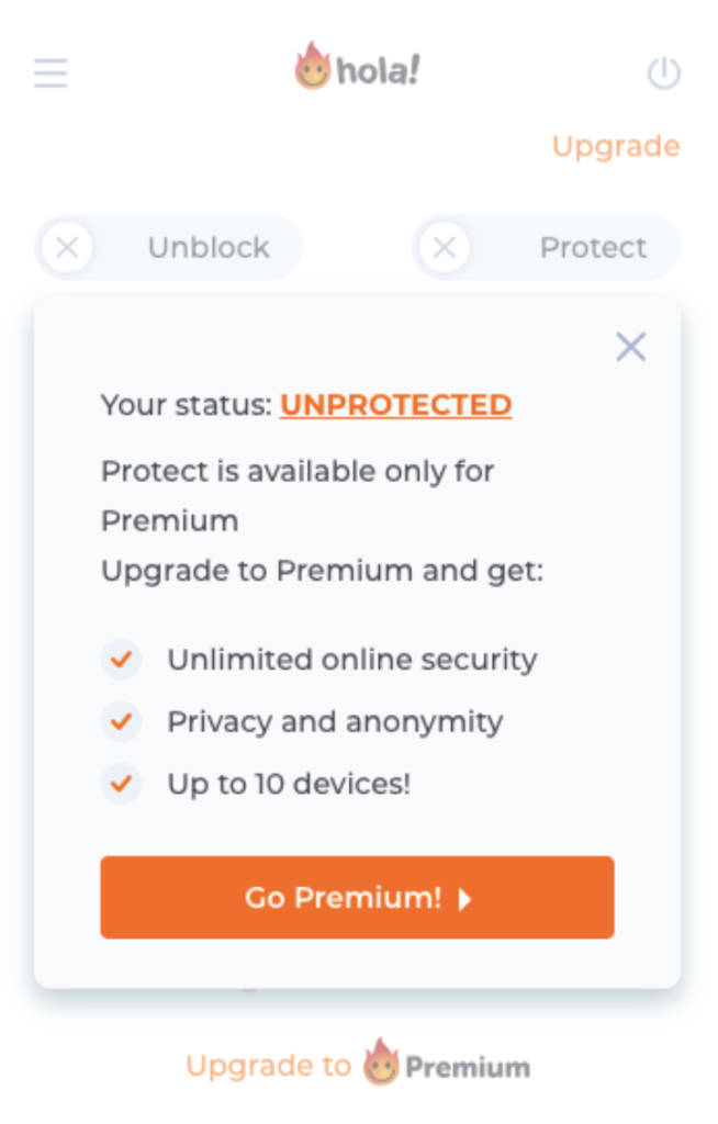 Hola VPN premium service ad popup