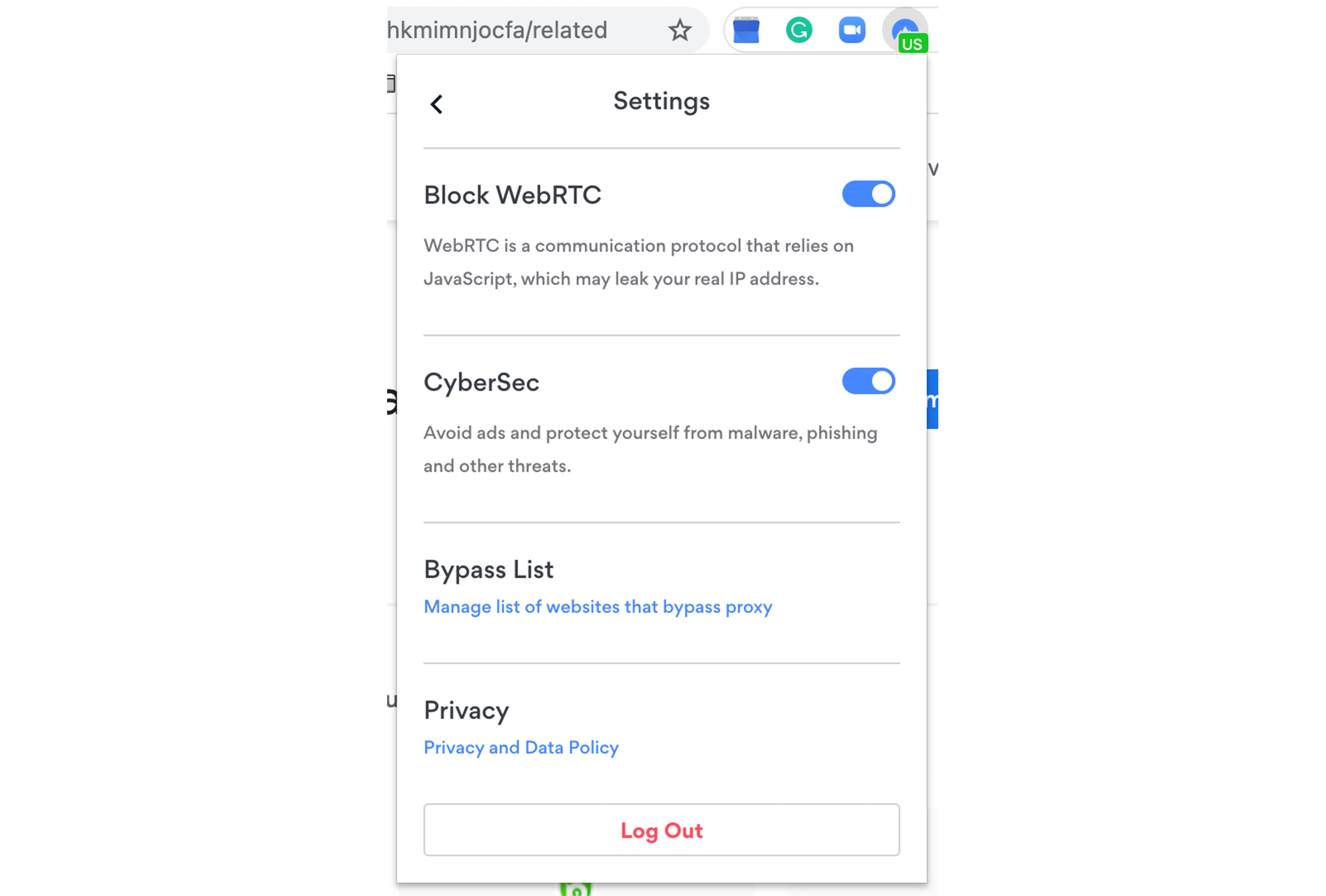 NordVPN extension settings