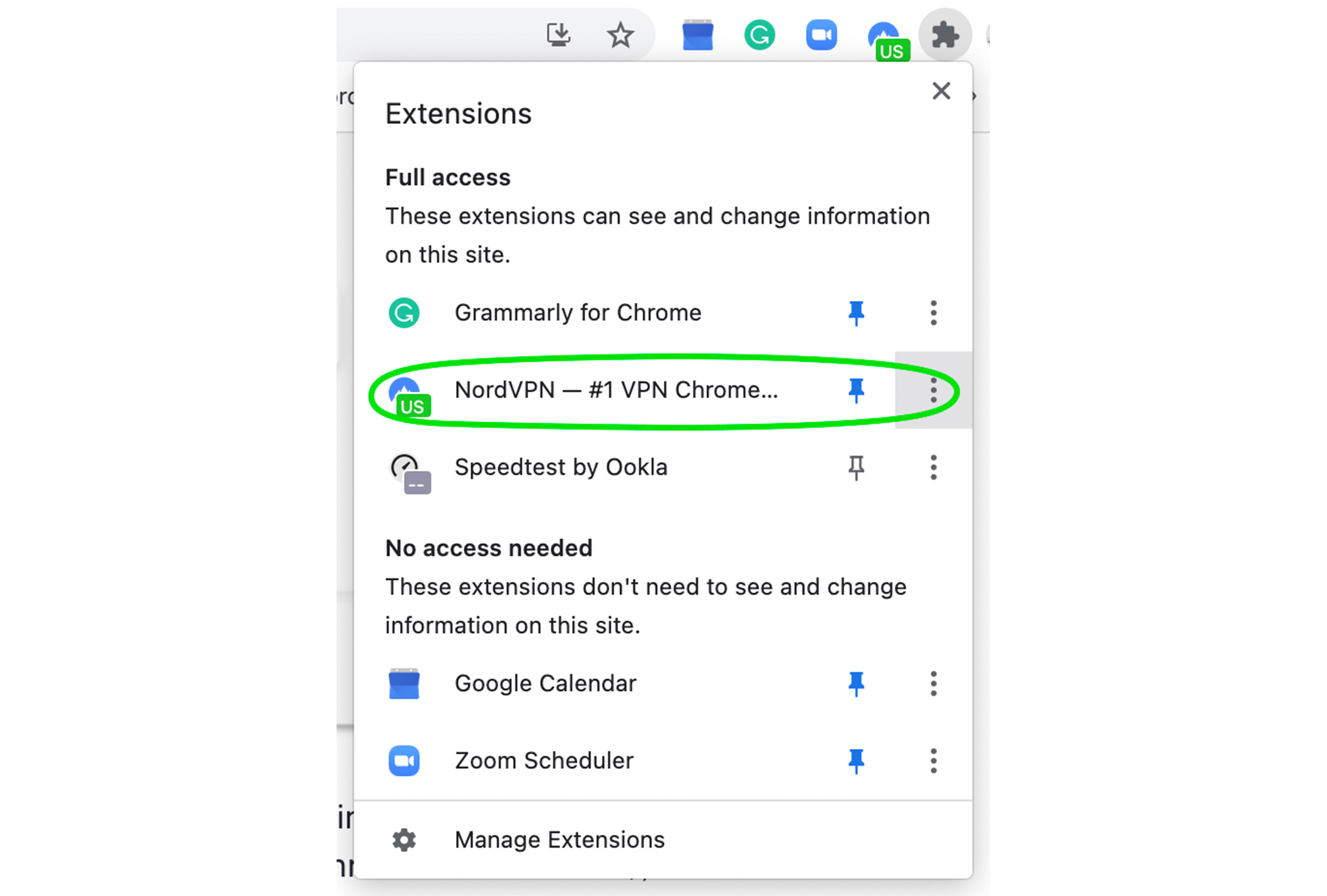 pinning NordVPN Chrome extension