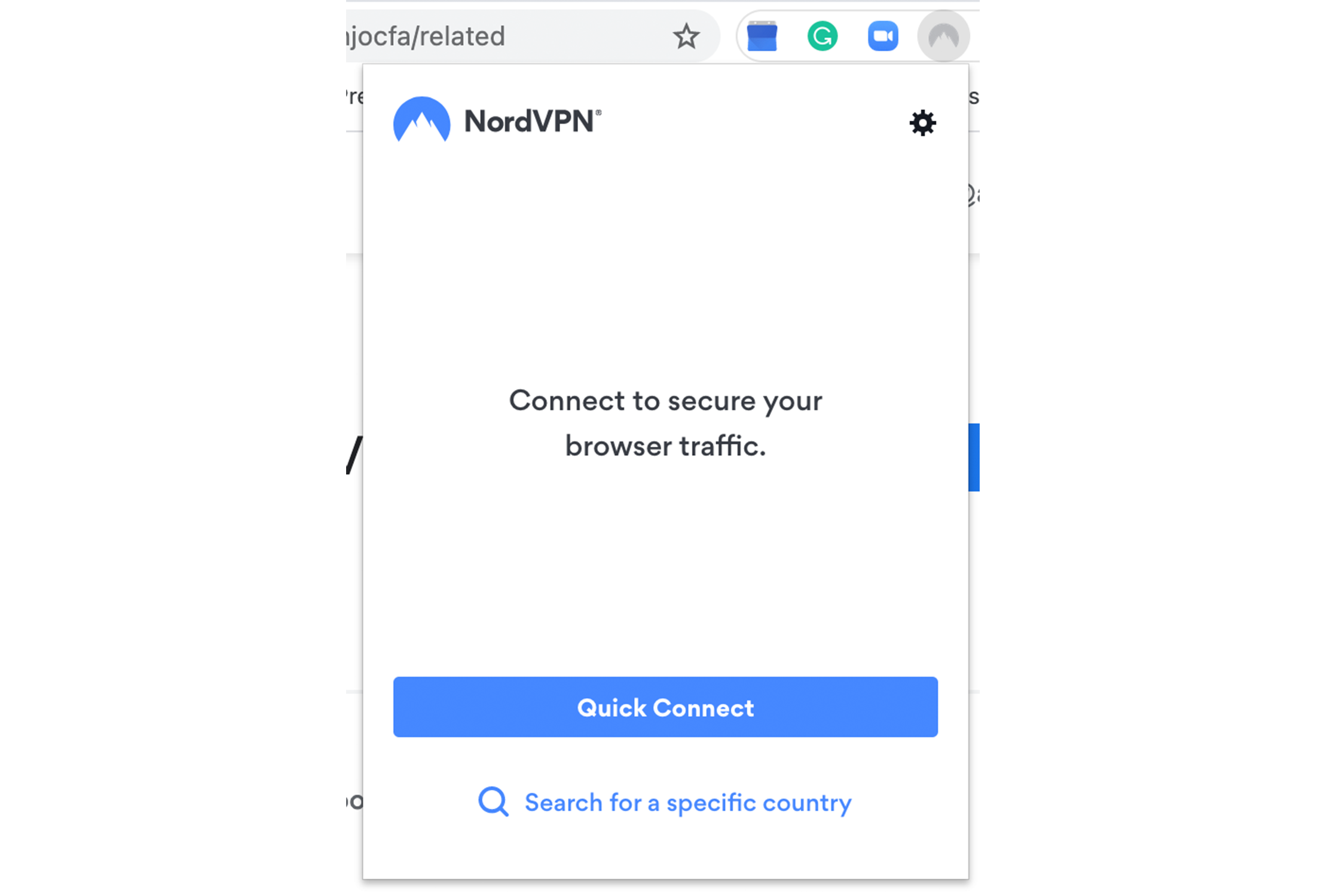 Connection window for NordVPN extension