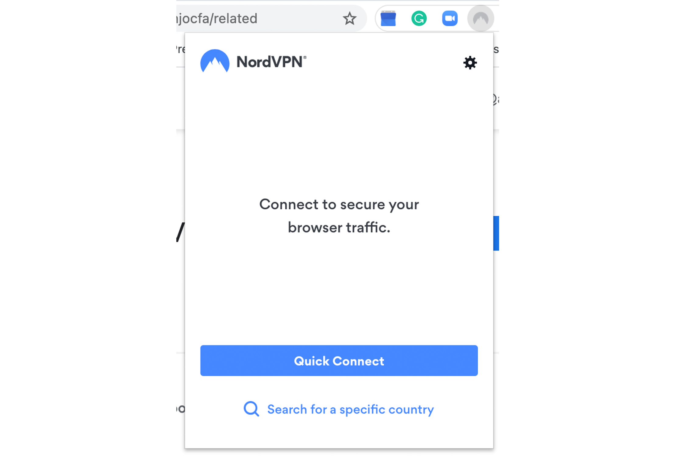 Connection window for NordVPN extension