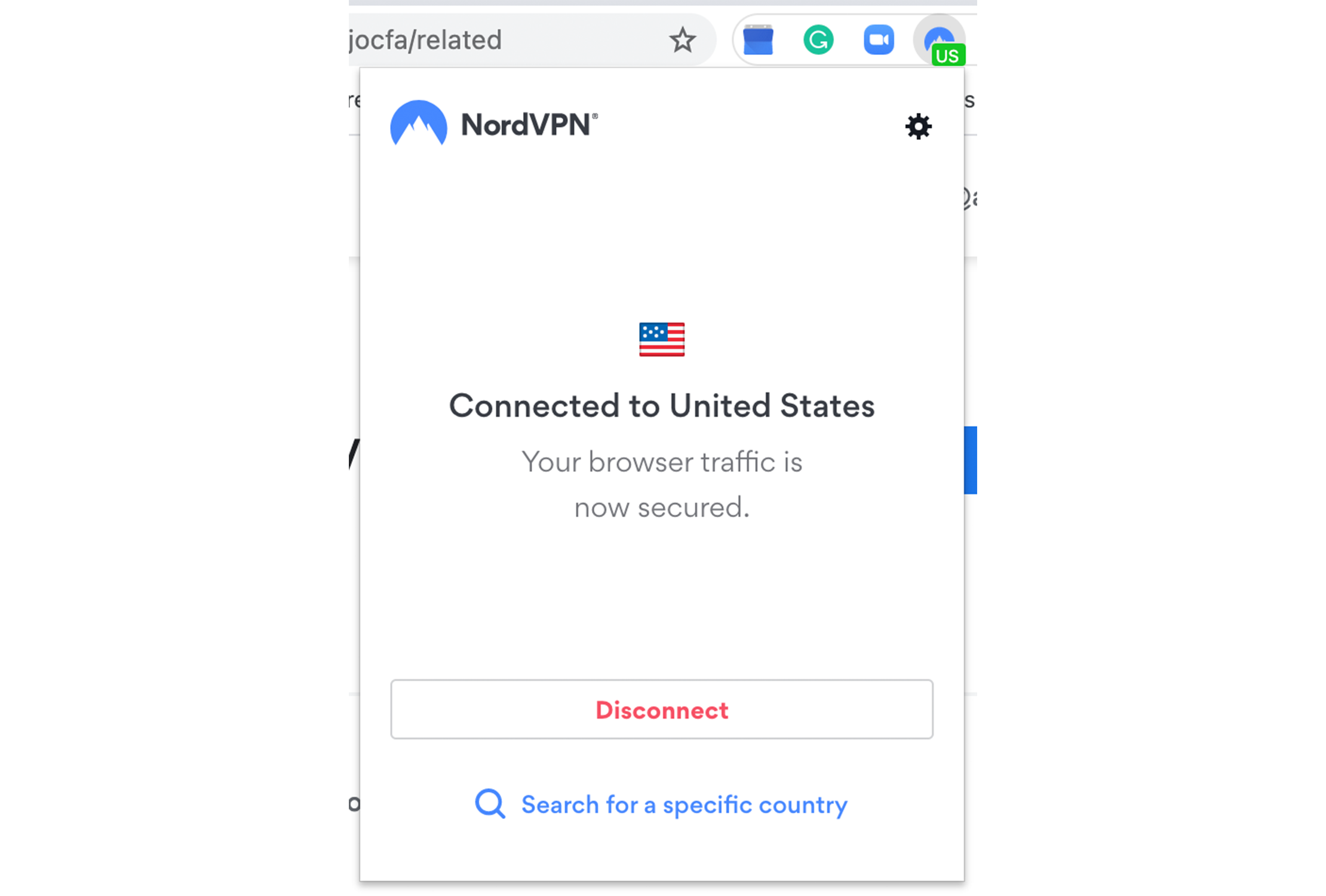 NordVPN app connected to US server