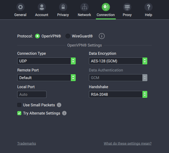 PIA connection settings