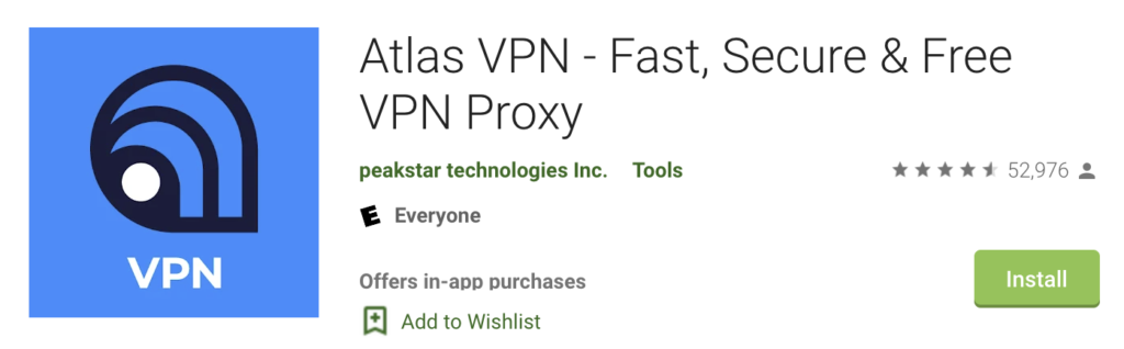 screenshot of Atlast VPN in Google Play store for download