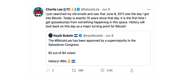 screenshot of Charlie Lee Tweet