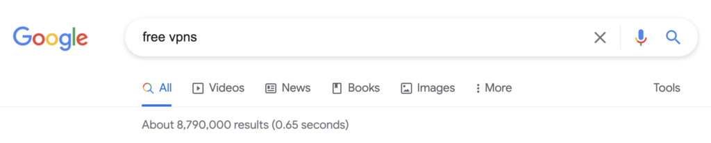screenshot of Googling "Free VPNs"