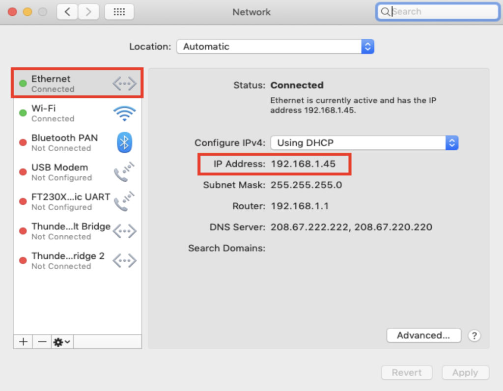 screenshot of ethernet settings on Mac