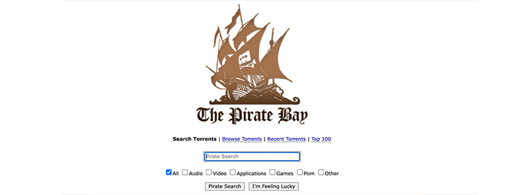 Page d'accueil de Pirate Bay