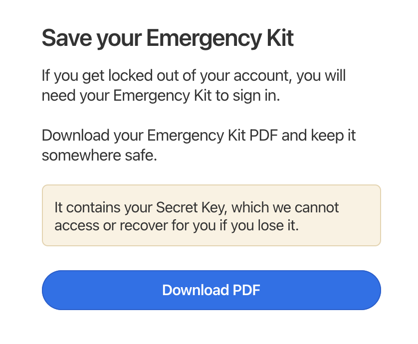 1Password Emergency Kit notice
