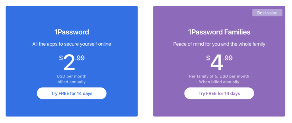 1Password password manager plans and pricing