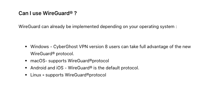 CyberGhost WireGuard compatibility