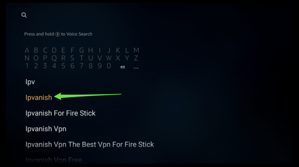 screenshot of amazon firestick search bar with ipvanish