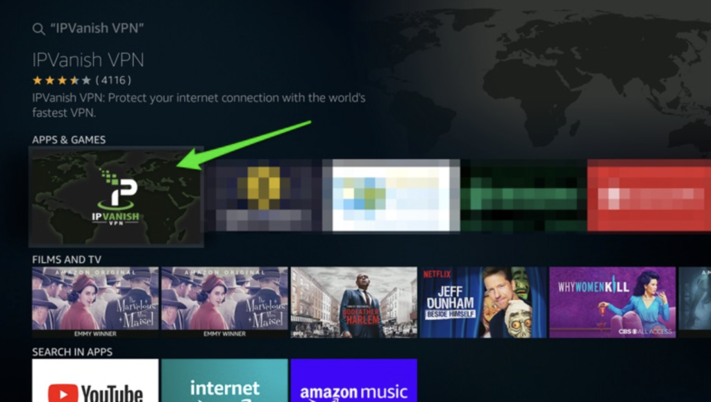 screenshot of ipvanish app on amazon firestick