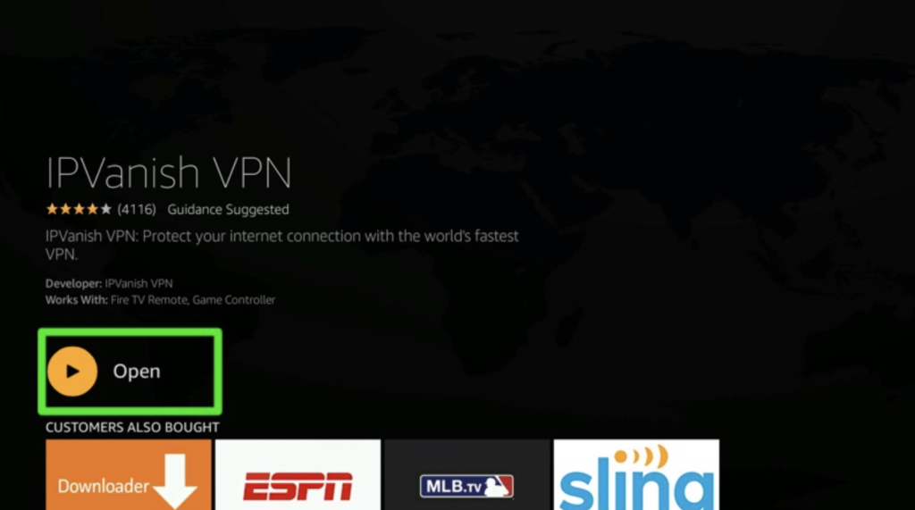 screenshot of opening ipvanish app on amazon firestick