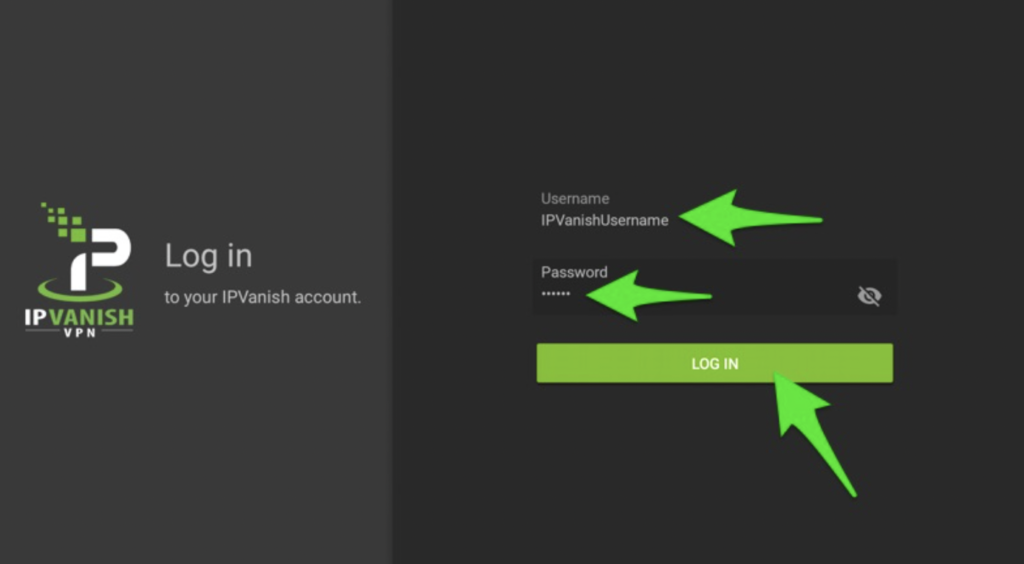 screenshot of ipvanish login on amazon firestick