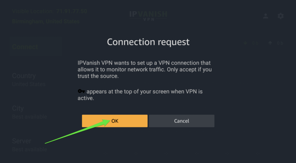 screenshot of ipvanish connection request on amazon firestick