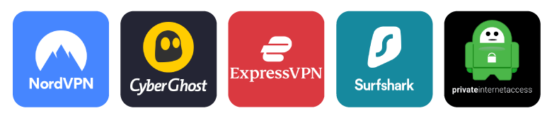 logos of NordVPN CyberGhost ExpressVPN Surfshark and PIA