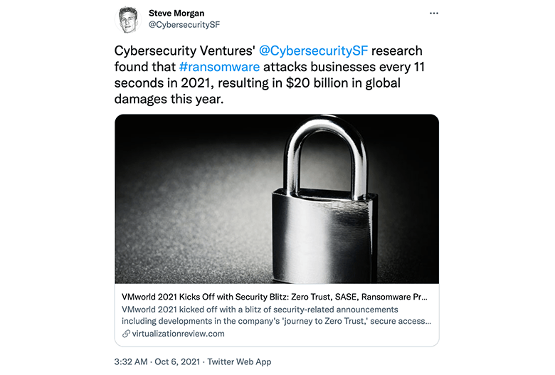 screenshot of Tweet by Steve_Morgan Cybersecurity Magazine