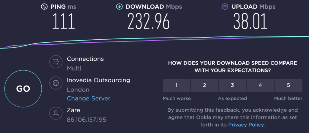 speed test results for Surfshark on a London server