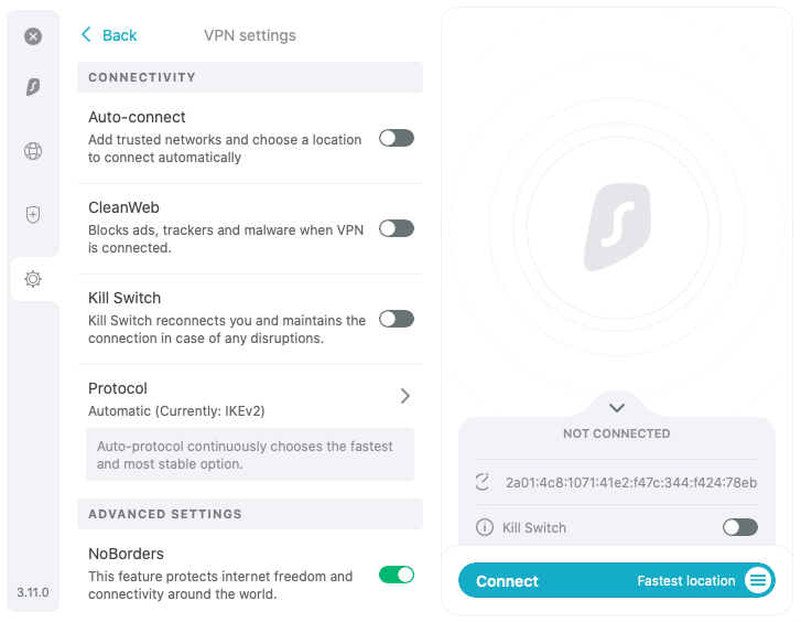 screenshot of Surfshark settings