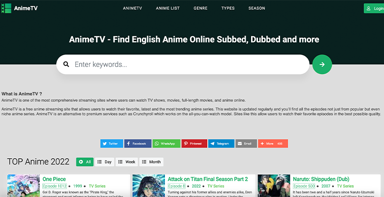 screenshot of the animetv homepage