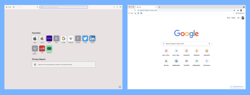Safari vs Chrome homepage screen